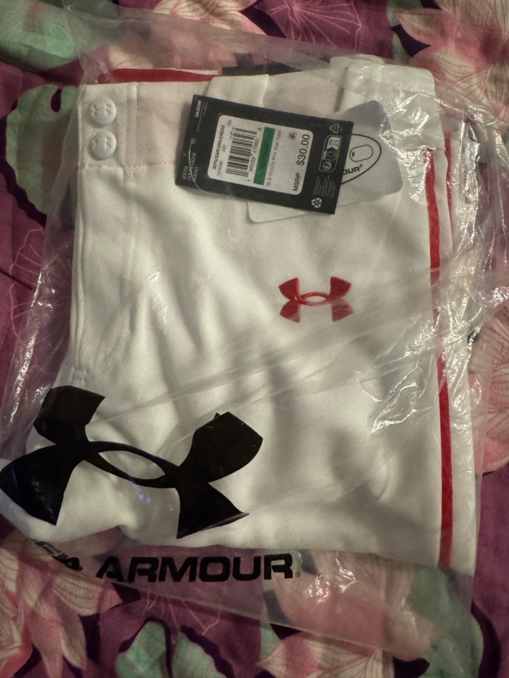 Under Armour White Sweatpants with Black and Red Logos - Kids